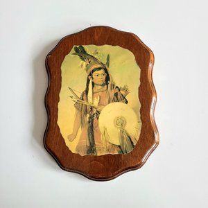 Vintage 1970's 1980's lacquered wooden plaque, with Indian Boy by George Katlin.